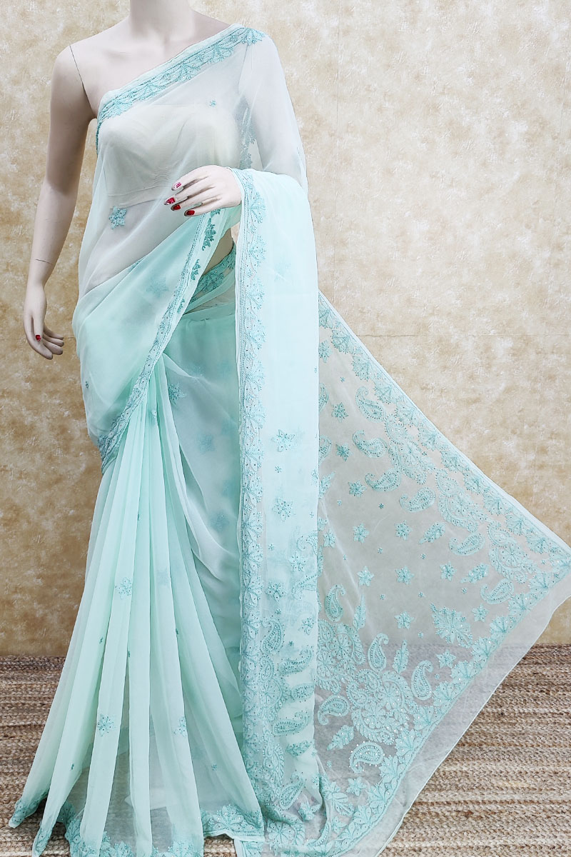 Mint Green Color With Mukaish Work Hand Embroidered Work Lucknowi Chikankari Saree (with Blouse - Georgette) Mc251778